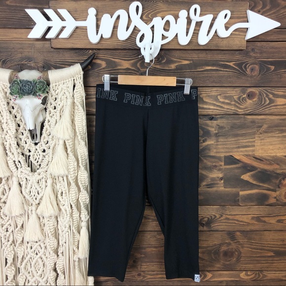 PINK Victoria's Secret Pants - PINK VS | Wide Logo Black Out Crop Leggings